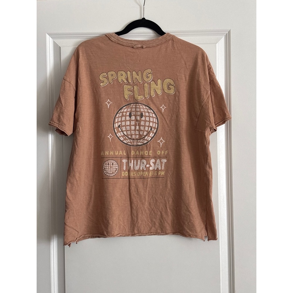 Aerie Brown Graphic T-Shirt Spring Fling Disco Ball Smiley Face Oversized Small - Picture 5 of 7